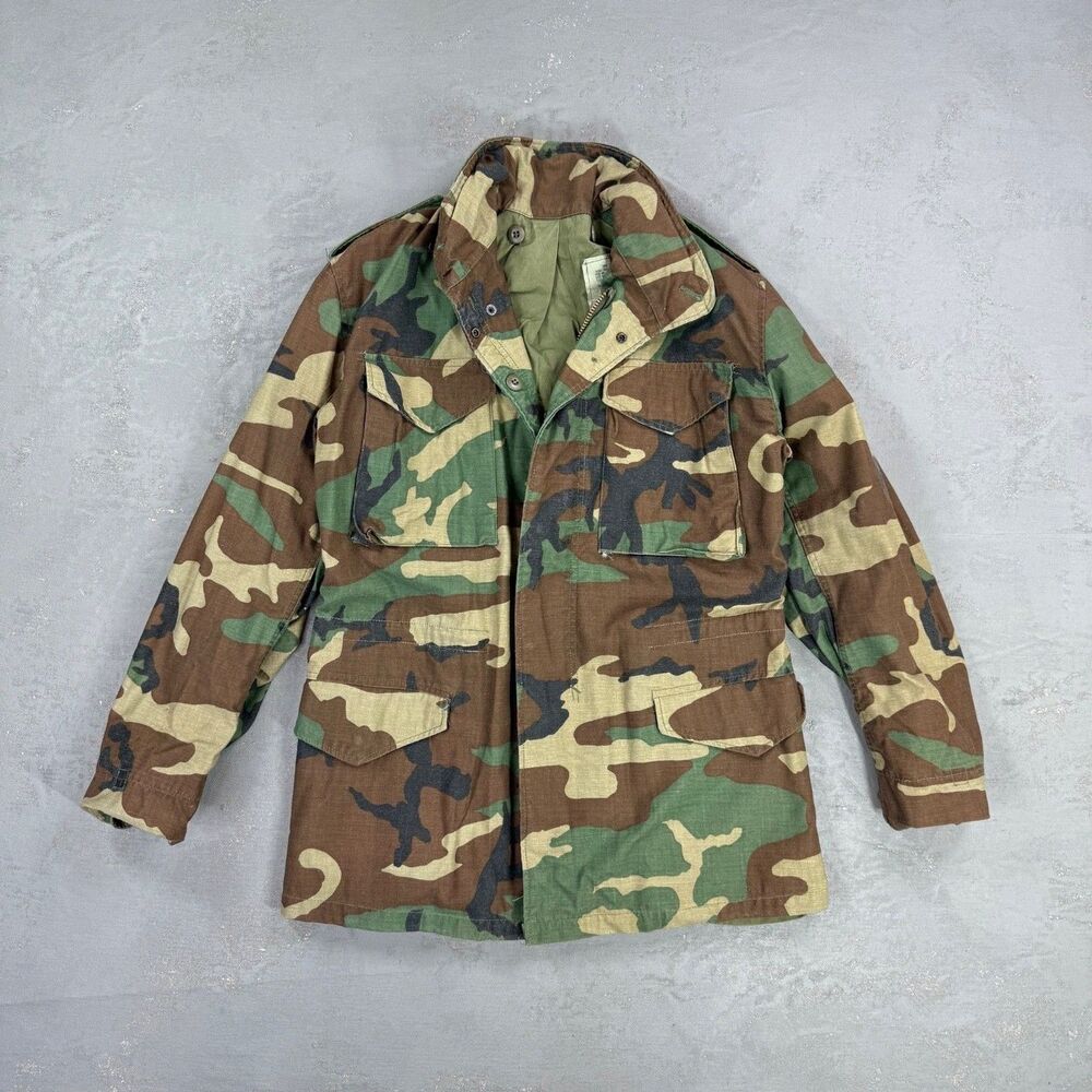 Vintage 1984 U.S. Military Cold Weather Field Coat Woodland Camo M65 Small Long